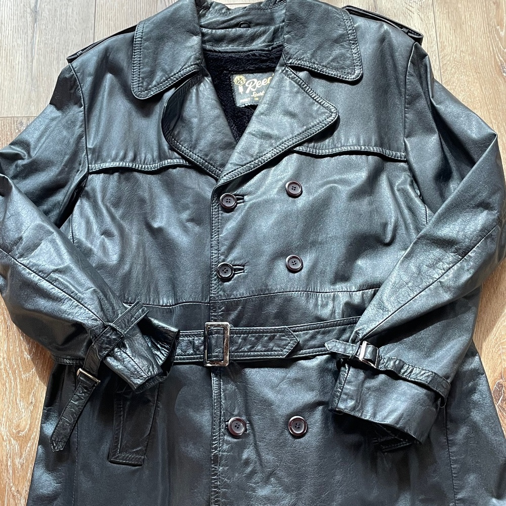 Vintage Reed Sportswear Soft Long Black Leather Trench Coat Size XL